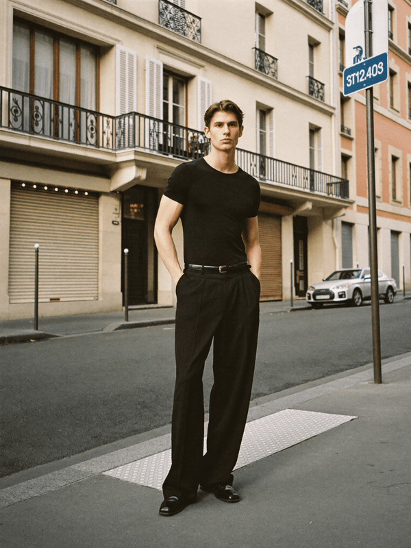 Homme mince en t-shirt noir dans une rue de Paris